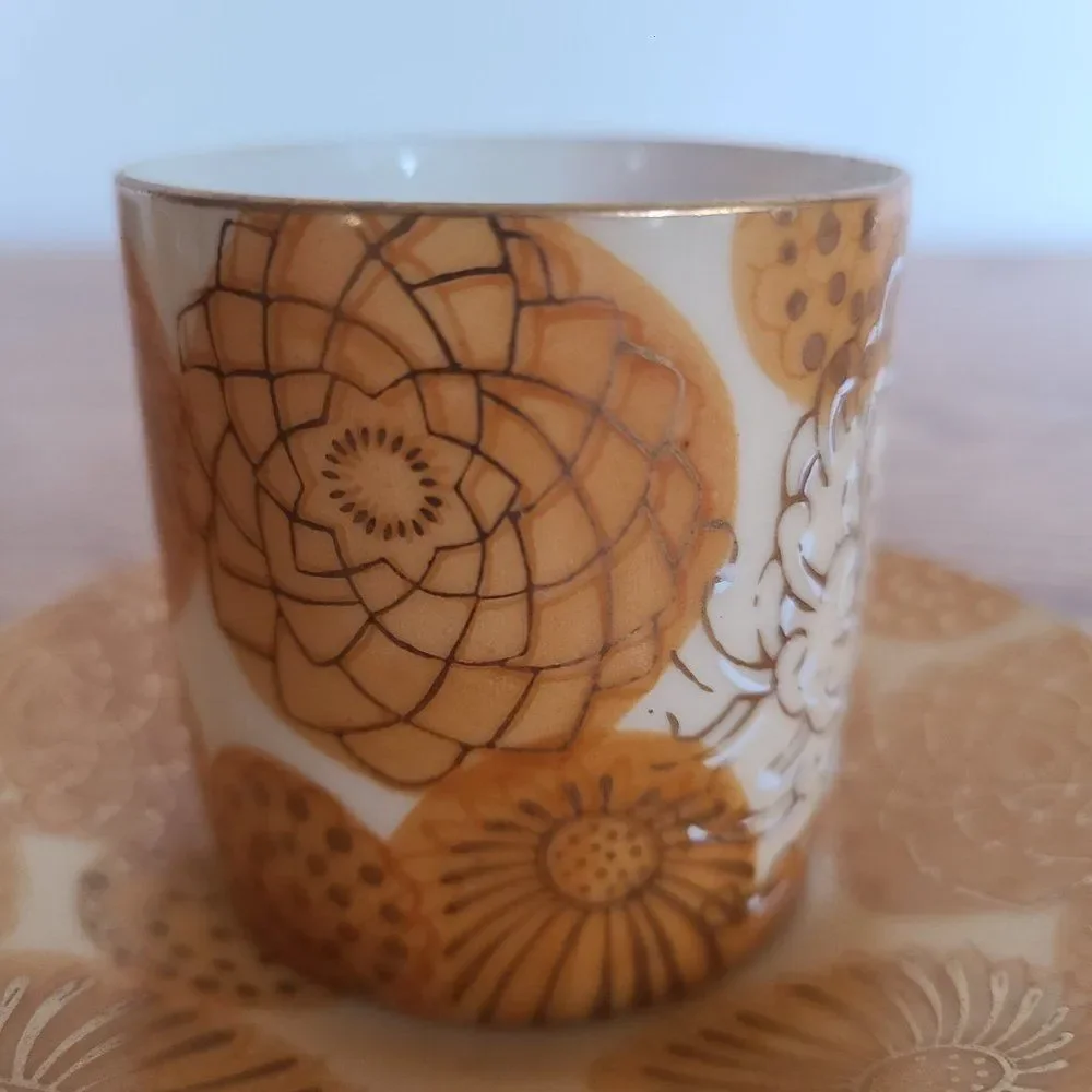Inarco Demitasse Cup and Saucer Set Golden Splendor Floral Pattern Japan RARE